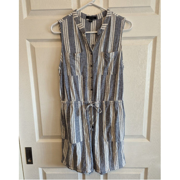 Kelly Renee Romper Women Lrg Gray Wht Striped Button Up Sleeveless Shorts Linen - Picture 9 of 9